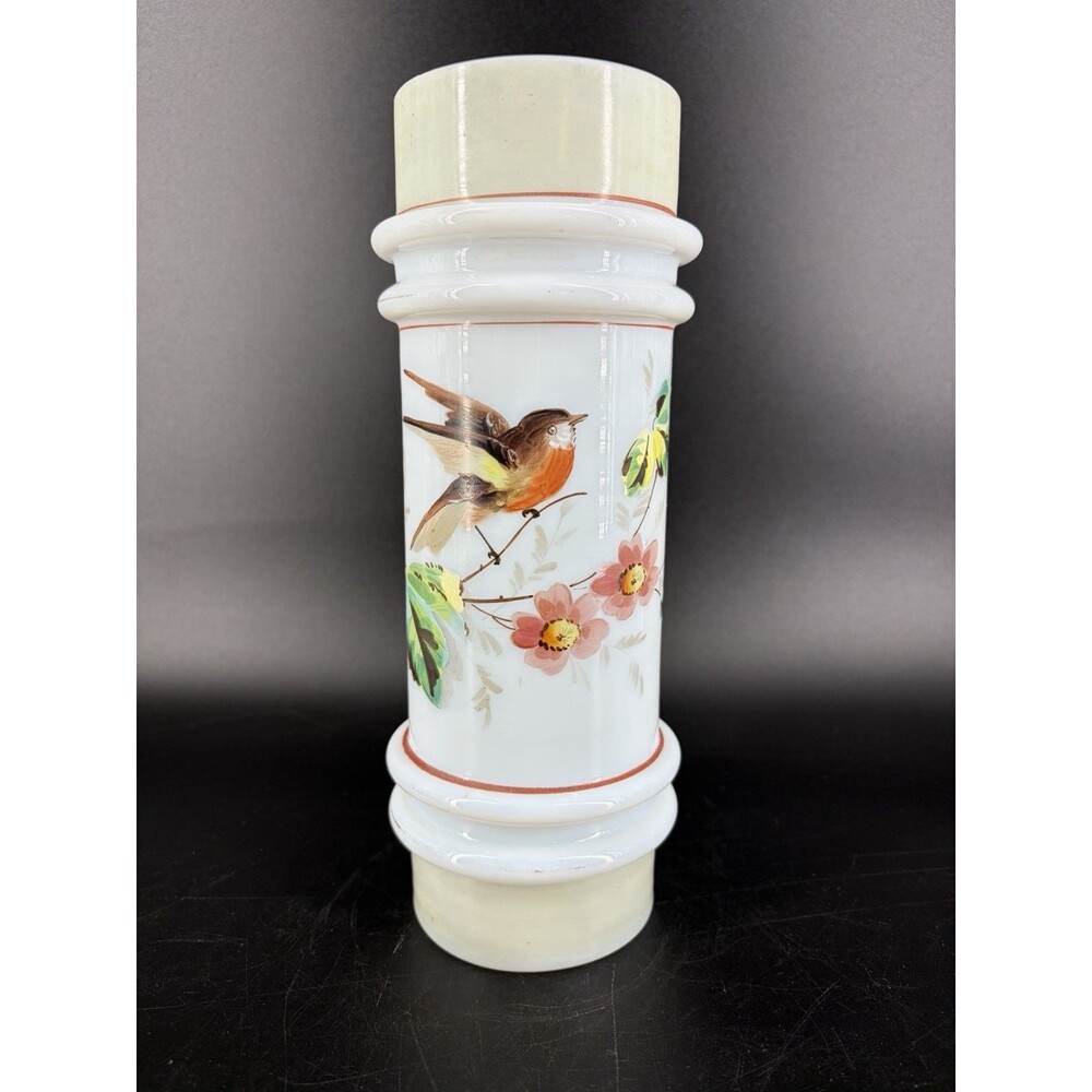 Antq Mt Washington Smith Bros Bristol Glass Paint Robin Bird Cherry Blossom Vase
